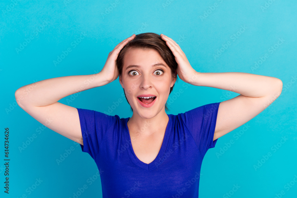Funny excited girl touch head hands Funny excited girl touch head hands