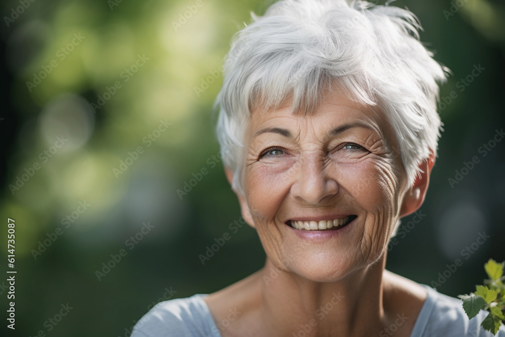 Beautiful 60s mid aged mature woman looking at camera. Mature old lady close up portrait on a blurry background