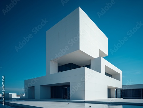 A minimalist modern building with clean lines  a stark white facade  and large windows  set against a clear blue sky . Generative AI