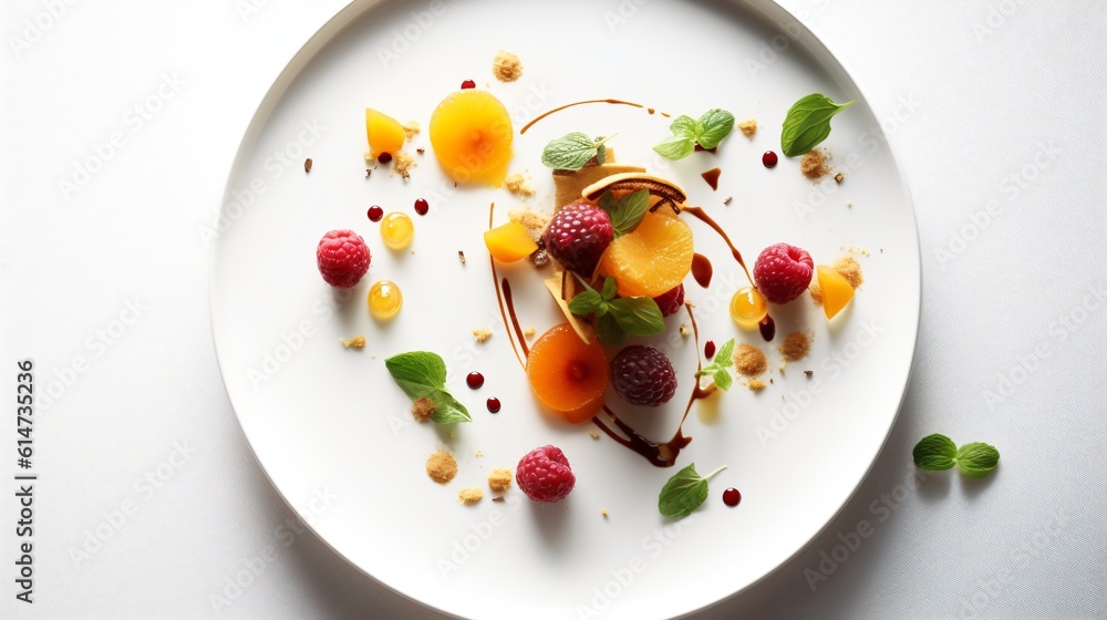 A minimalist presentation of a dish with few ingredients, beautifully plated on a white dish against a white background . Generative AI