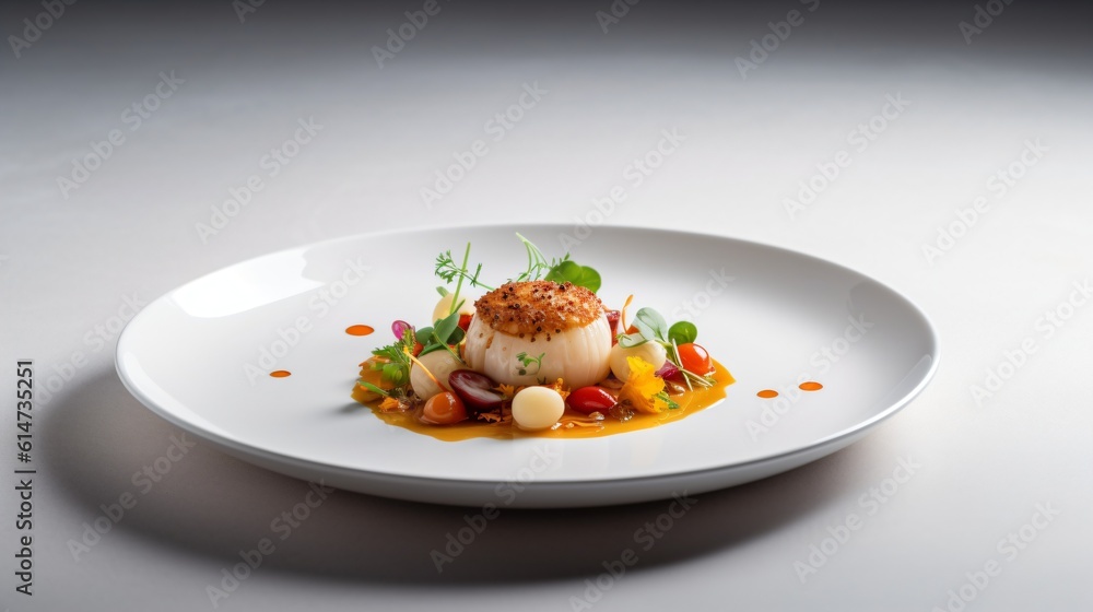 A minimalist presentation of a dish with few ingredients, beautifully plated on a white dish against a white background . Generative AI A minimalist presentation of a dish with few ingredients, beautifully plated on a white dish against a white background . Generative AI