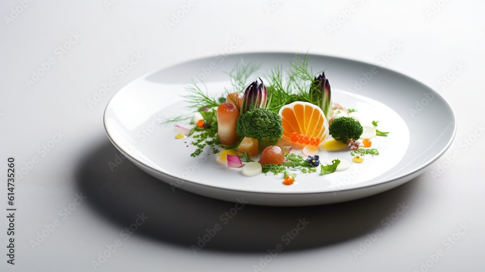 A minimalist presentation of a dish with few ingredients, beautifully plated on a white dish against a white background . Generative AI A minimalist presentation of a dish with few ingredients, beautifully plated on a white dish against a white background . Generative AI