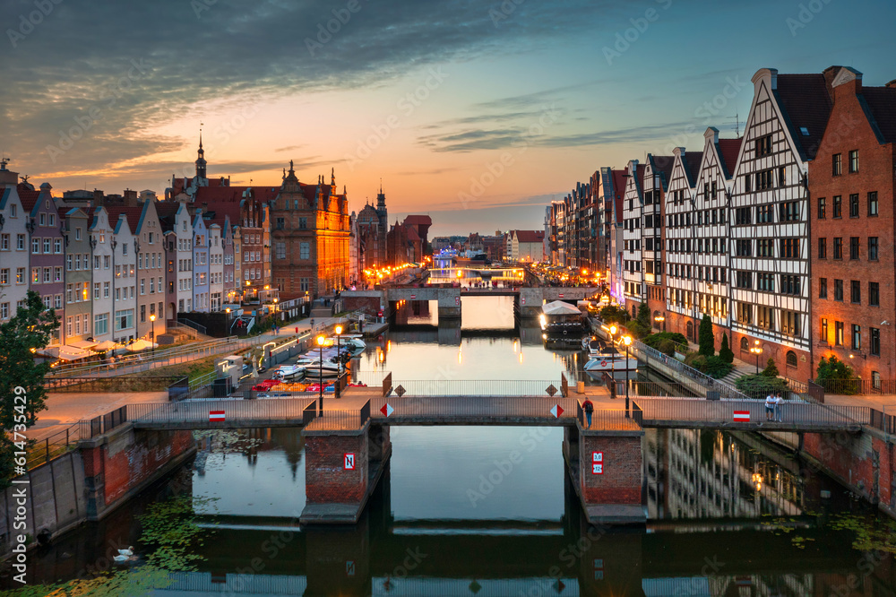 The Main Town of Gdansk by the Motlawa riover at sunset, Poland
