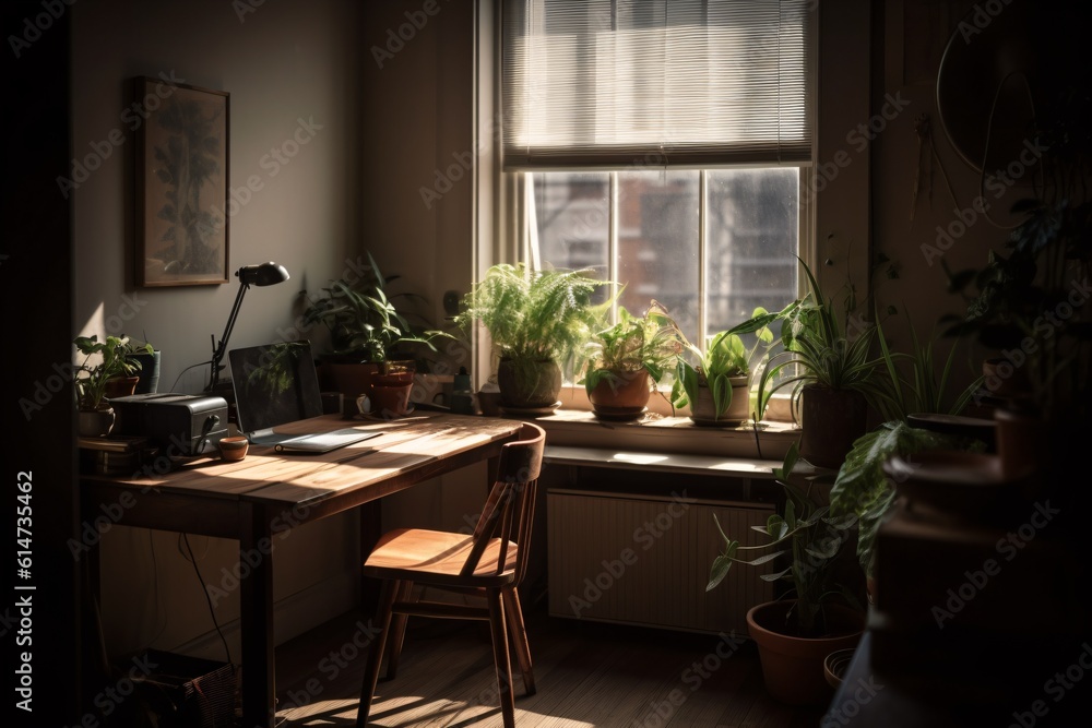 A minimalist home office with a simple wooden desk, a laptop, a pot of green plants, and a large window inviting lots of natural light . Generative AI