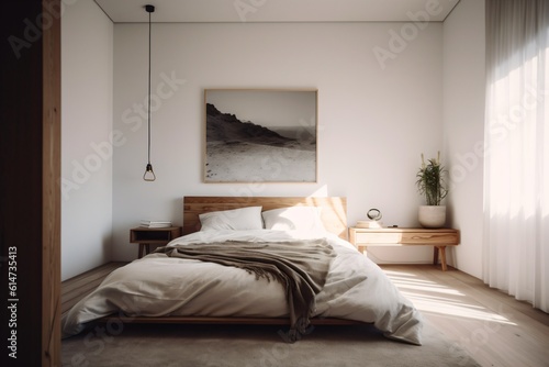 A minimalist bedroom with a white palette  a simple bed with clean lines  and a single piece of art hanging on the wall . Generative AI