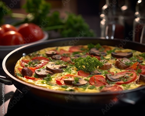frittata with bacon, mushrooms, and bell peppers garnished with parsley