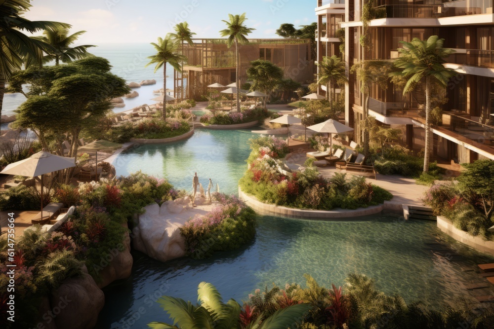 3D render of a luxurious hotel or resort, showcasing pristine beaches, sparkling pools, lush gardens, and elegant accommodations, inviting viewers to indulge in a dreamy vacation. Generative AI