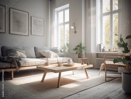 A minimalist living room with a clean white palette, simple furniture, and no clutter, bathed in soft natural light . Generative AI