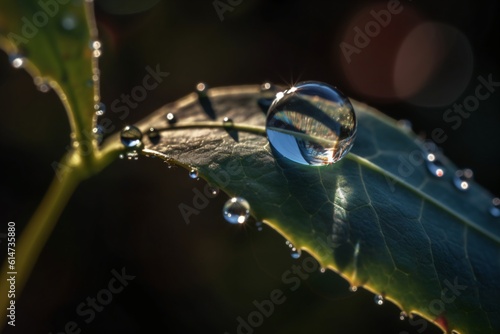 A macro shot of a dew drop on a leaf, beautifully reflecting the surrounding flora and morning light . Generative AI