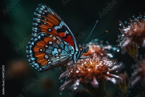 A macro image of a butterfly perched on a vibrant flower, showcasing the intricate patterns on its wings . Generative AI © XtravaganT