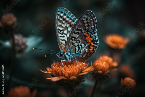 A macro image of a butterfly perched on a vibrant flower, showcasing the intricate patterns on its wings . Generative AI