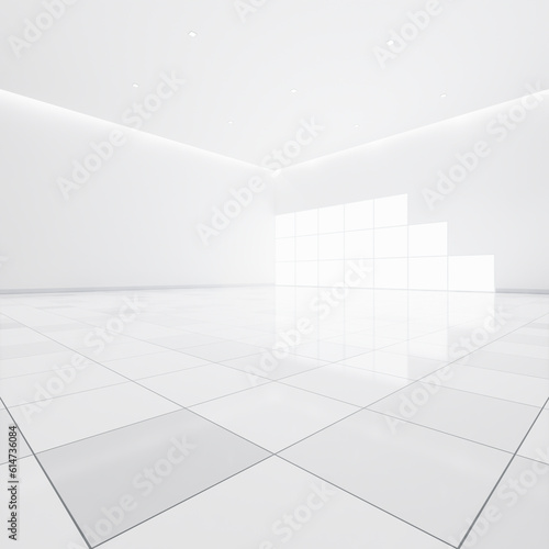 3d rendering of white empty space in room, ceramic tile floor in perspective, window and ceiling strip light. Interior home design look clean, bright, shiny surface with texture pattern for background