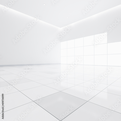 3d rendering of white empty space in room, ceramic tile floor in perspective, window and ceiling strip light. Interior home design look clean, bright, shiny surface with texture pattern for background © DifferR