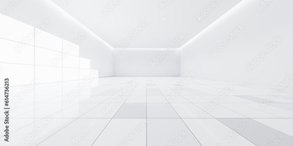3d rendering of white tile floor in perspective, empty space or room, light from window. Modern interior home design of living room, look clean, bright, surface with texture pattern for background.
