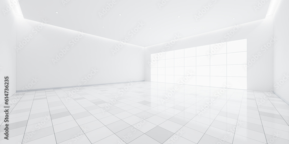 3d rendering of white tile floor in perspective, empty space or room, light from window. Modern interior home design of living room, look clean, bright, surface with texture pattern for background. 3d rendering of white tile floor in perspective, empty space or room, light from window. Modern interior home design of living room, look clean, bright, surface with texture pattern for background.