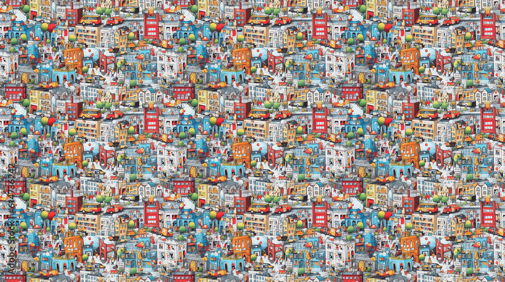 Seamless pattern of cities for children, created with generative AI technology