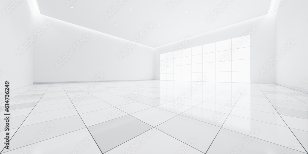 3d rendering of white tile floor in perspective, empty space or room, light from window. Modern interior home design of living room, look clean, bright, surface with texture pattern for background. - obrazy, fototapety, plakaty 