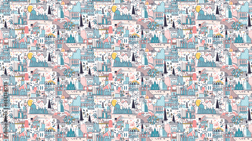 Seamless pattern of cities for children, created with generative AI technology Seamless pattern of cities for children, created with generative AI technology
