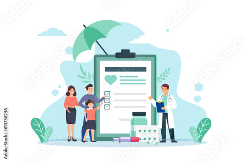 Health care and life insurance concept. Doctor and family people medical exam with big clipboard document and umbrella. Vector illustration