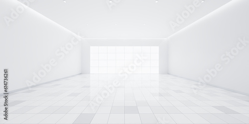 3d rendering of white tile floor in perspective, empty space or room, light from window. Modern interior home design of living room, look clean, bright, surface with texture pattern for background.