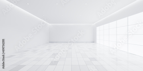3d rendering of white tile floor in perspective, empty space or room, light from window. Modern interior home design of living room, look clean, bright, surface with texture pattern for background. © DifferR