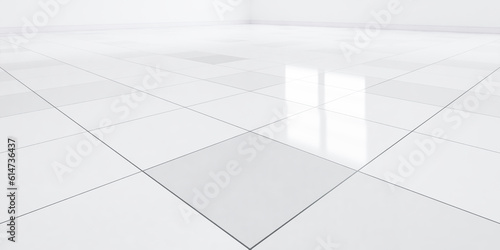 3d rendering of close up white tile floor in perspective view  empty space in room  window and light. Modern interior home design look clean  bright  shiny surface with texture pattern for background.