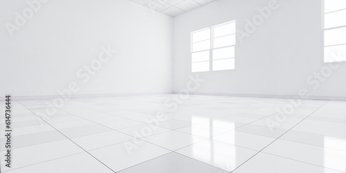 3d rendering of white tile floor in perspective, empty space or room, light from window. Modern interior home design of living room, look clean, bright, surface with texture pattern for background.