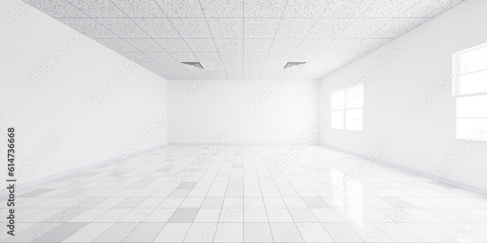 3d rendering of white tile floor in perspective, empty space or room, light from window. Modern interior home design of living room, look clean, bright, surface with texture pattern for background. 3d rendering of white tile floor in perspective, empty space or room, light from window. Modern interior home design of living room, look clean, bright, surface with texture pattern for background.