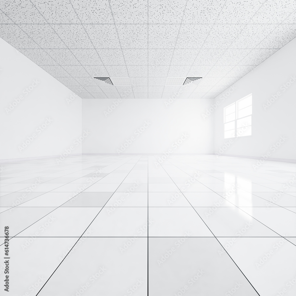 3d rendering of white tile floor in perspective, empty space or room, light from window. Modern interior home design of living room, look clean, bright, surface with texture pattern for background. 3d rendering of white tile floor in perspective, empty space or room, light from window. Modern interior home design of living room, look clean, bright, surface with texture pattern for background.