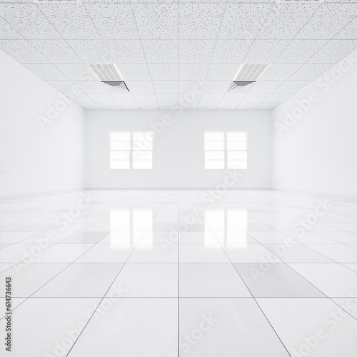 3d rendering of white tile floor in perspective  empty space or room  light from window. Modern interior home design of living room  look clean  bright  surface with texture pattern for background.