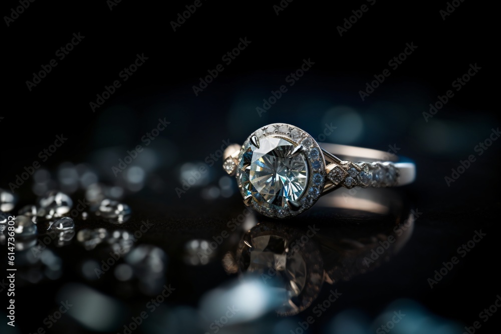 Fototapeta premium A macro image of a diamond ring, capturing the brilliant facets and sparkle of the gem . Generative AI