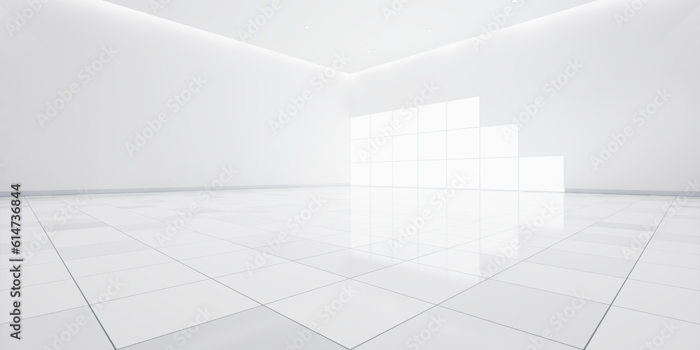 3d rendering of white tile floor in perspective, empty space or room, light from window. Modern interior home design of living room, look clean, bright, surface with texture pattern for background. 3d rendering of white tile floor in perspective, empty space or room, light from window. Modern interior home design of living room, look clean, bright, surface with texture pattern for background.