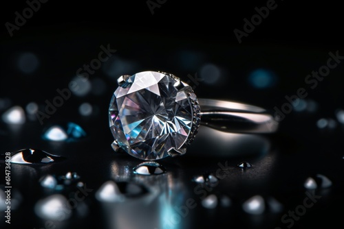 A macro image of a diamond ring  capturing the brilliant facets and sparkle of the gem . Generative AI