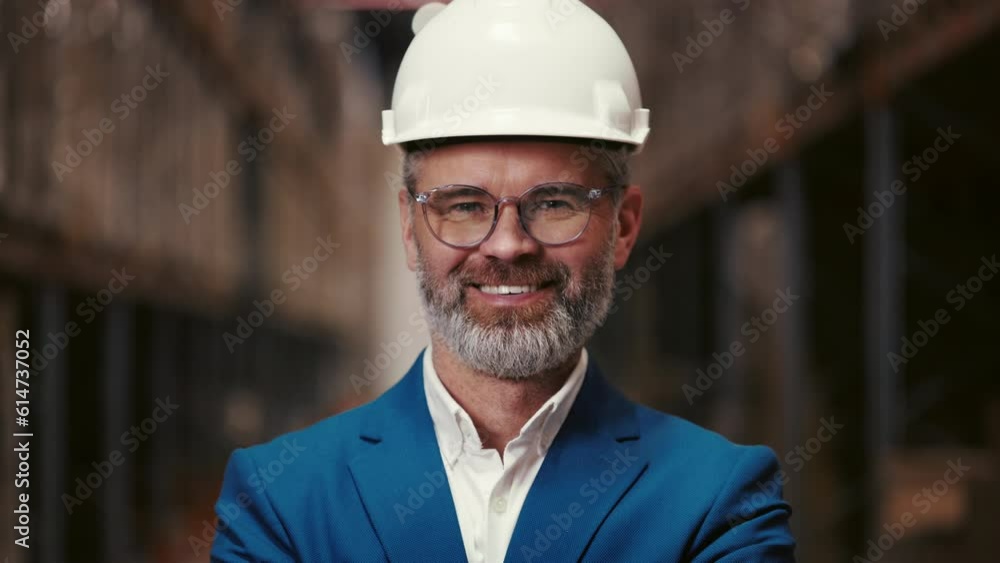 Portrait of Positive Mature Man Industrial Boss Smiling, Looking at Camera, Wearing Suit and Glasses. Businessman Owner Standing in the Distribution Centre Portrait of Positive Mature Man Industrial Boss Smiling, Looking at Camera, Wearing Suit and Glasses. Businessman Owner Standing in the Distribution Centre