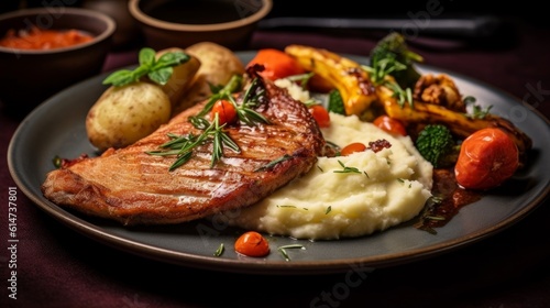 Cotoletta alla Milanese with mashed potatoes and a side of grilled vegetables
