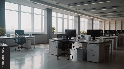 modern open space office with computer monitors on white desks. Ai Generative