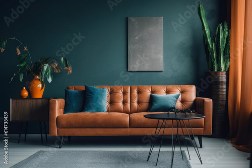 Minimalist living space leather couch big windows. AI Generative © Rafa Fernandez