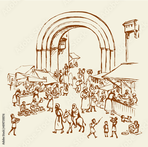 Joseph Mary go to Bethlehem. Vector drawing