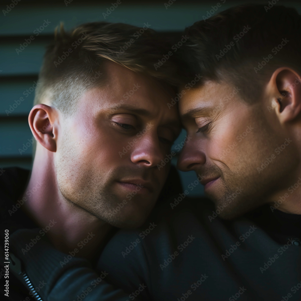 Fototapeta premium A moody, high-angle photograph captures a gay couple close-up, their eyes serving as the focal point, conveying love and intimacy with smooth textures and soft, romantic lighting.
