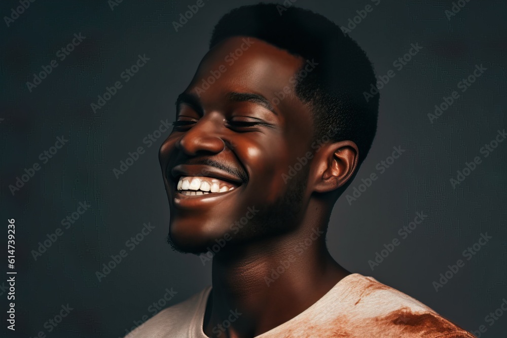 African-american model guy laughing without looking at the camera in a dark background African-american model guy laughing without looking at the camera in a dark background