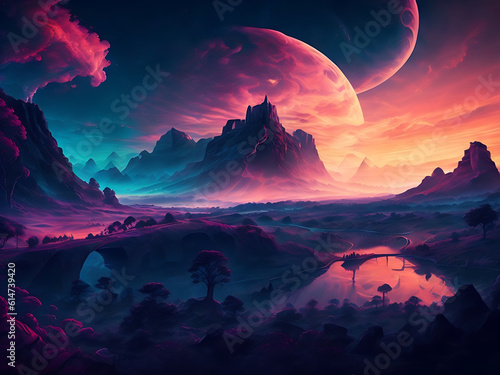 landscape with moon, alien planet in space, alien planet in space