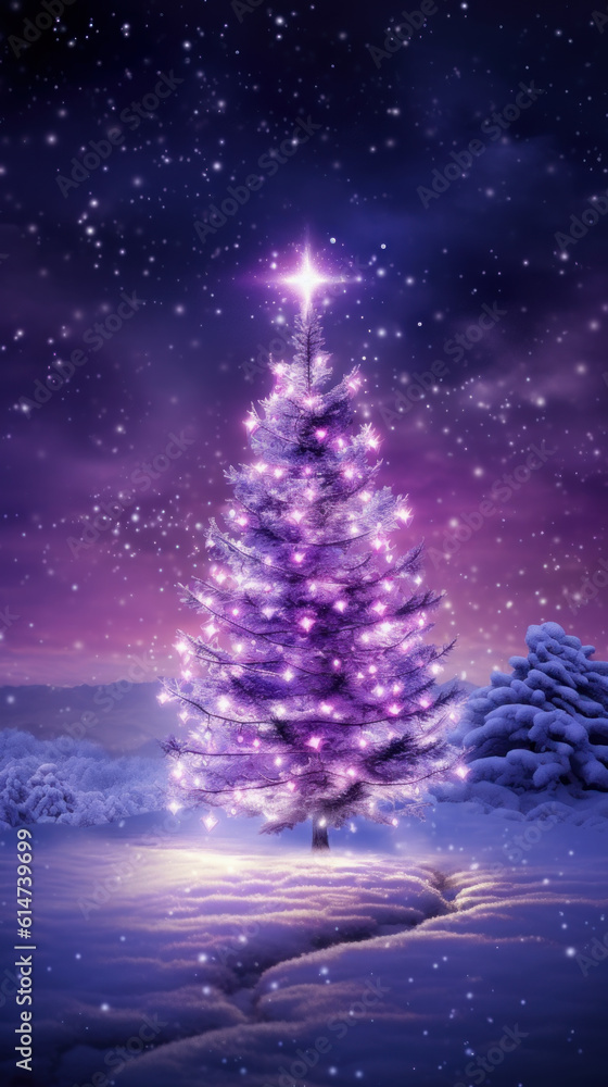 Illustration of a magical winter wonderland Christmas tree in dark blue and violet colors. Generative AI