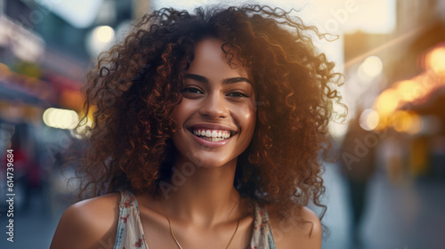 Positive smiliog afroamerican woman with curly hair stands on the street. Generative AI
