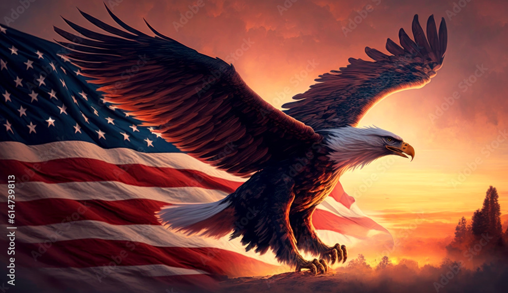The US symbols of American eagle and the flag of the United States of America with sunset on the background. Generative AI