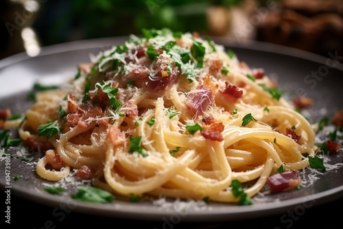 perfectly cooked Carbonara with crisp bacon and a sprinkle of parsley