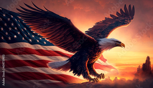 Obraz na płótnie The US symbols of American eagle and the flag of the United States of America with sunset on the background. Generative AI w salonie