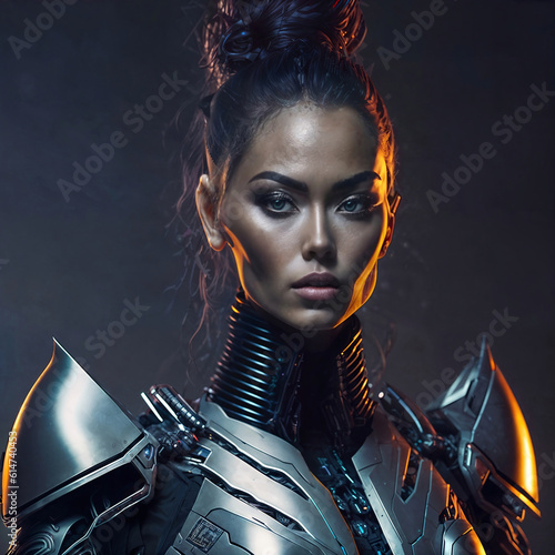 futuristic portrait photo of beautiful woman in armor suit, generative AI © Flash