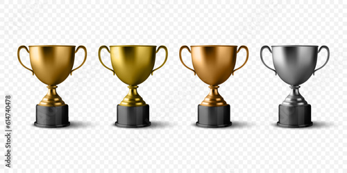 Vector 3d Realistic Golden, Bronze, Silver Champion Cup Icon Set Closeup Isolated. Championship Trophy, Cups Sport Tournament Award. Design Template of Trophy Cup for Victory Concept