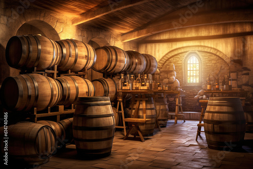 Wine Vault. Wooden barrels with an alcoholic drink.