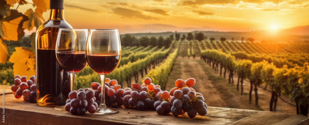 Fototapeta premium Viticulture banner with red wine bottle and glasses, grapes and sunset over wineyards. Generative AI